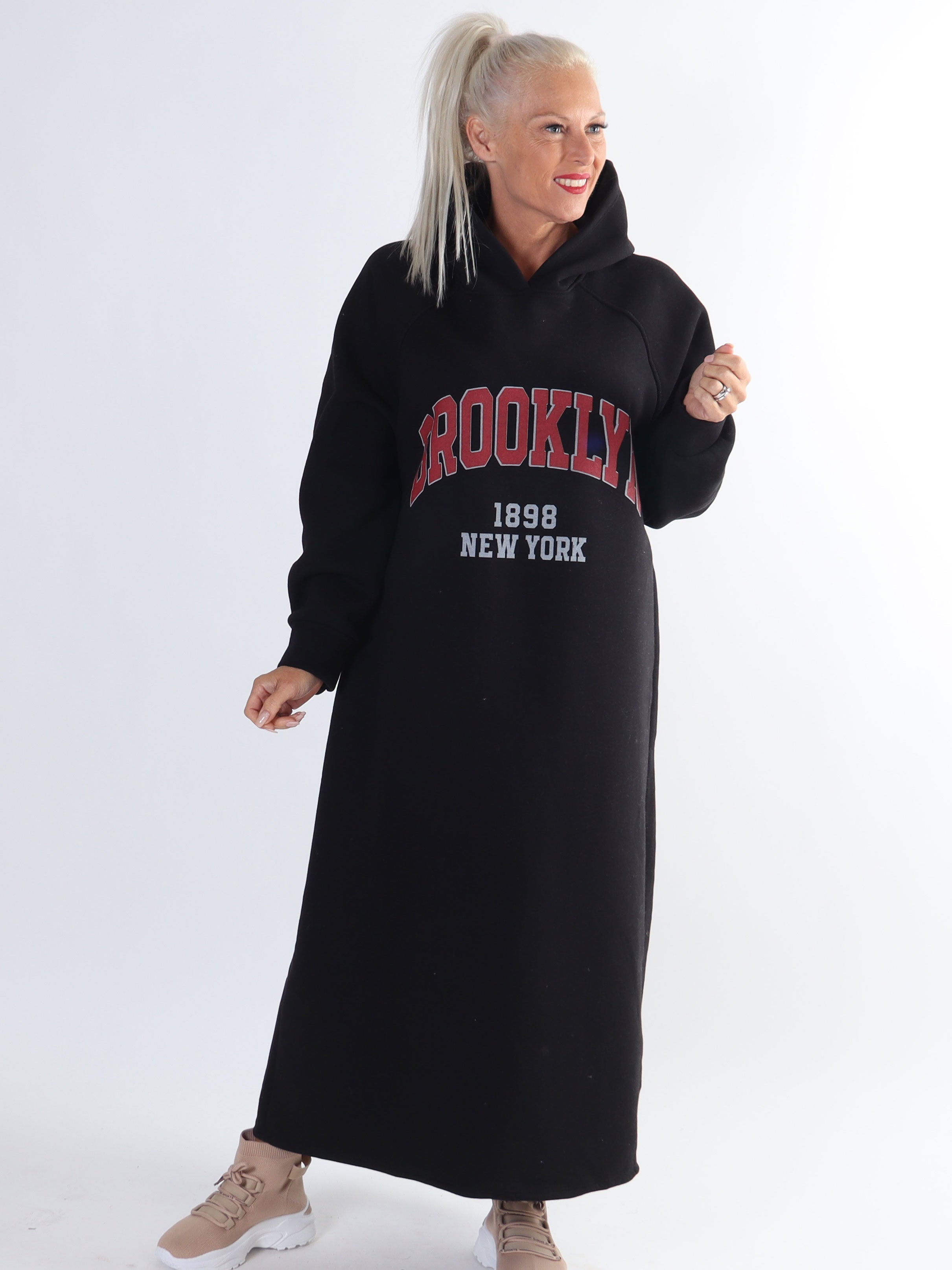Angela - Lång plus size hoodieklänning i bomull